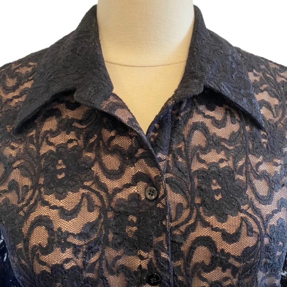 Y2K Black Lace Sheer Button Up Top | Whimsigoth Vampy Goth Romantic Blouse - Picture 8 of 10
